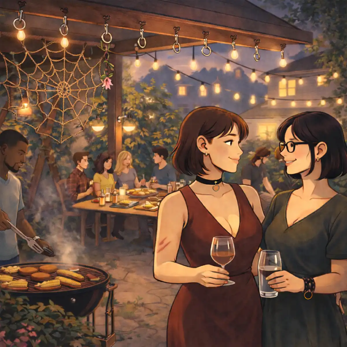 Stimmungsvolle Gartenparty mit zwei Frauen im Gespräch, Lichterketten, Grill und Gästen im Hintergrund.