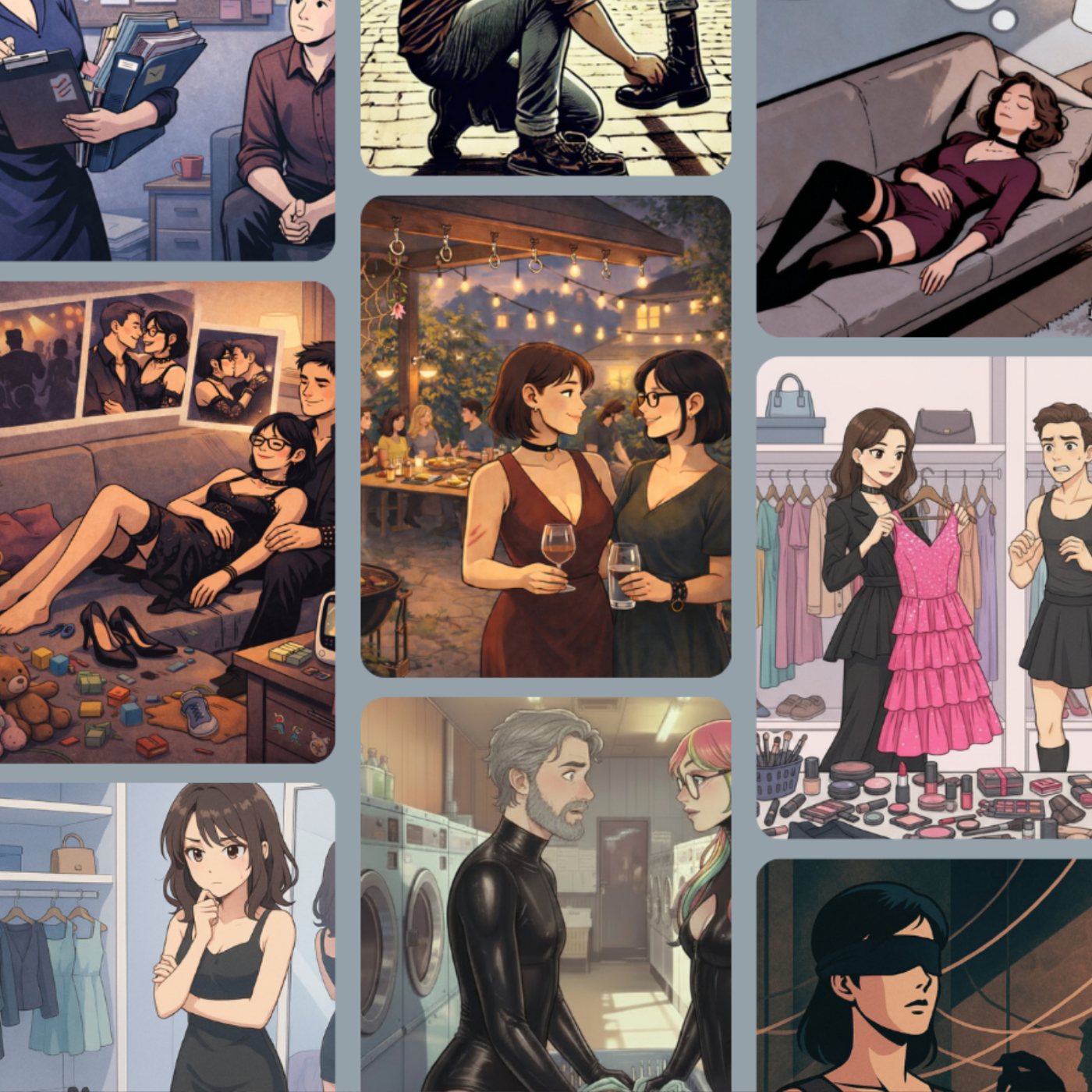 Collage aus mehreren Szenen mit Paaren, Gesprächen und Alltagssituationen in warmem, illustrativem Stil