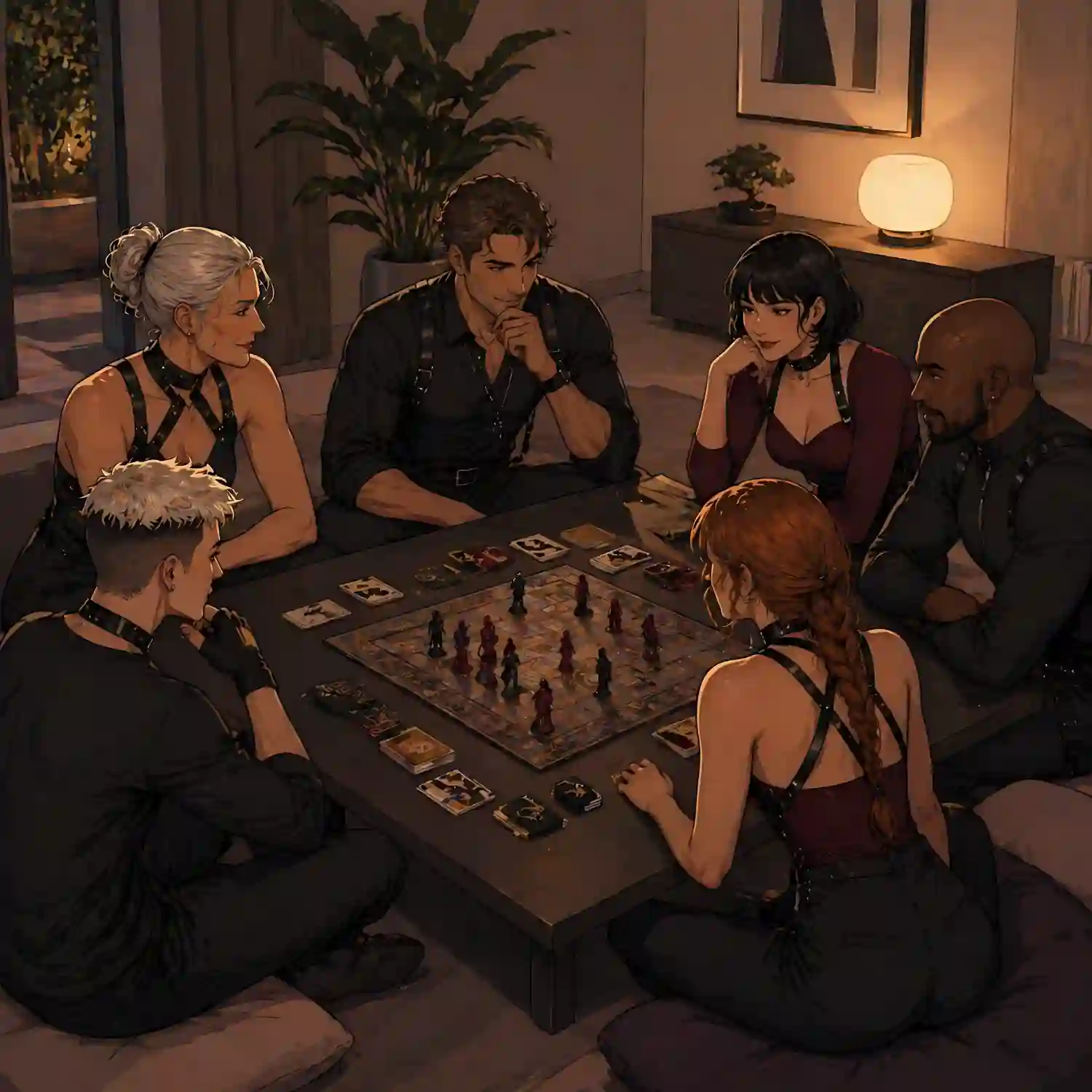 Sechs Personen sitzen um einen Tisch und spielen gemeinsam ein Brettspiel in einem gemütlichen Raum.