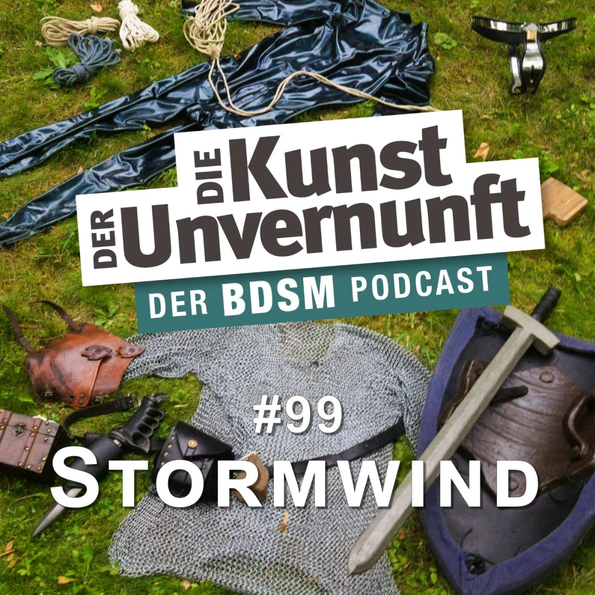 Podcast-Cover mit BDSM-Requisiten, Rüstungsteilen und dem Titel Stormwind – Meilenstein für Meilenstein