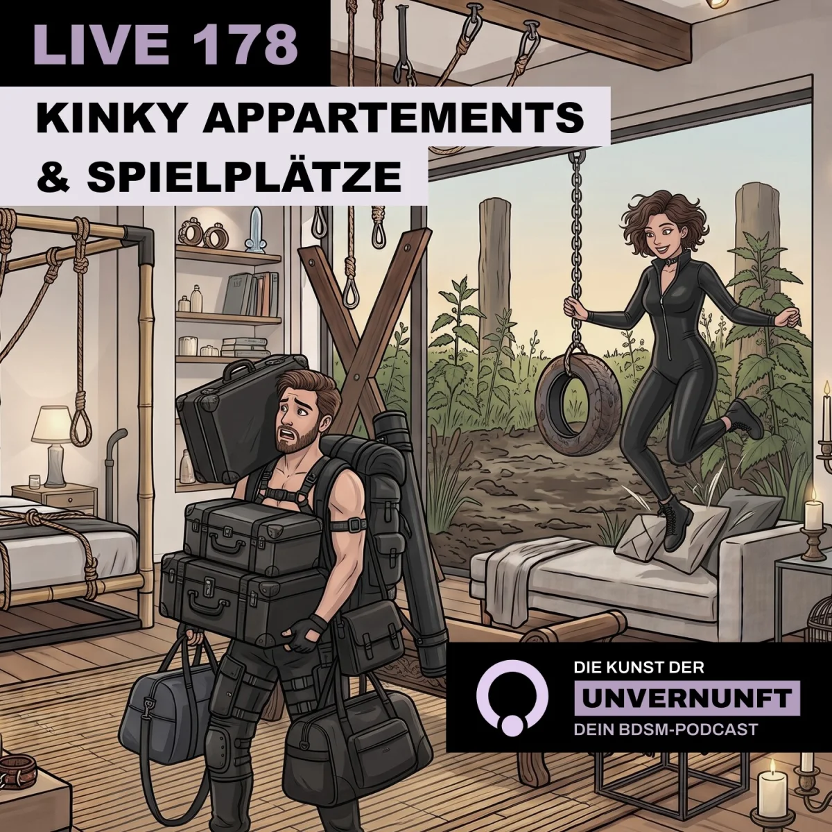 Podcast-Cover mit zwei Personen in einem BDSM-inspirierten Apartment und einem Spielplatz im Hintergrund