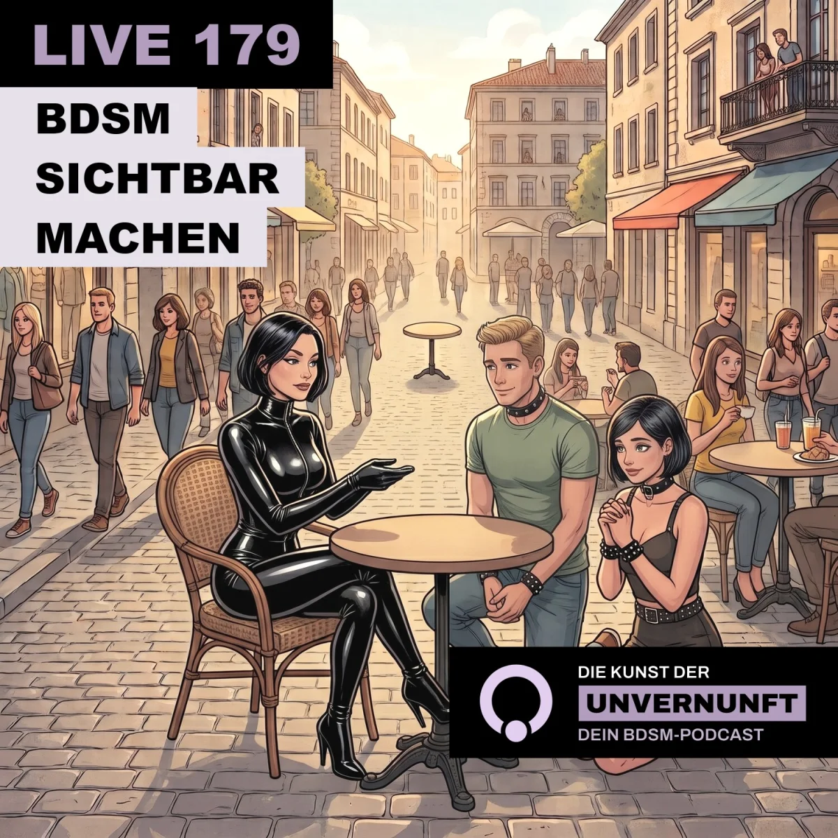 Podcast-Cover mit einer BDSM-gestylten Frau und zwei Personen an einem Straßencafé in einer belebten Altstadt.
