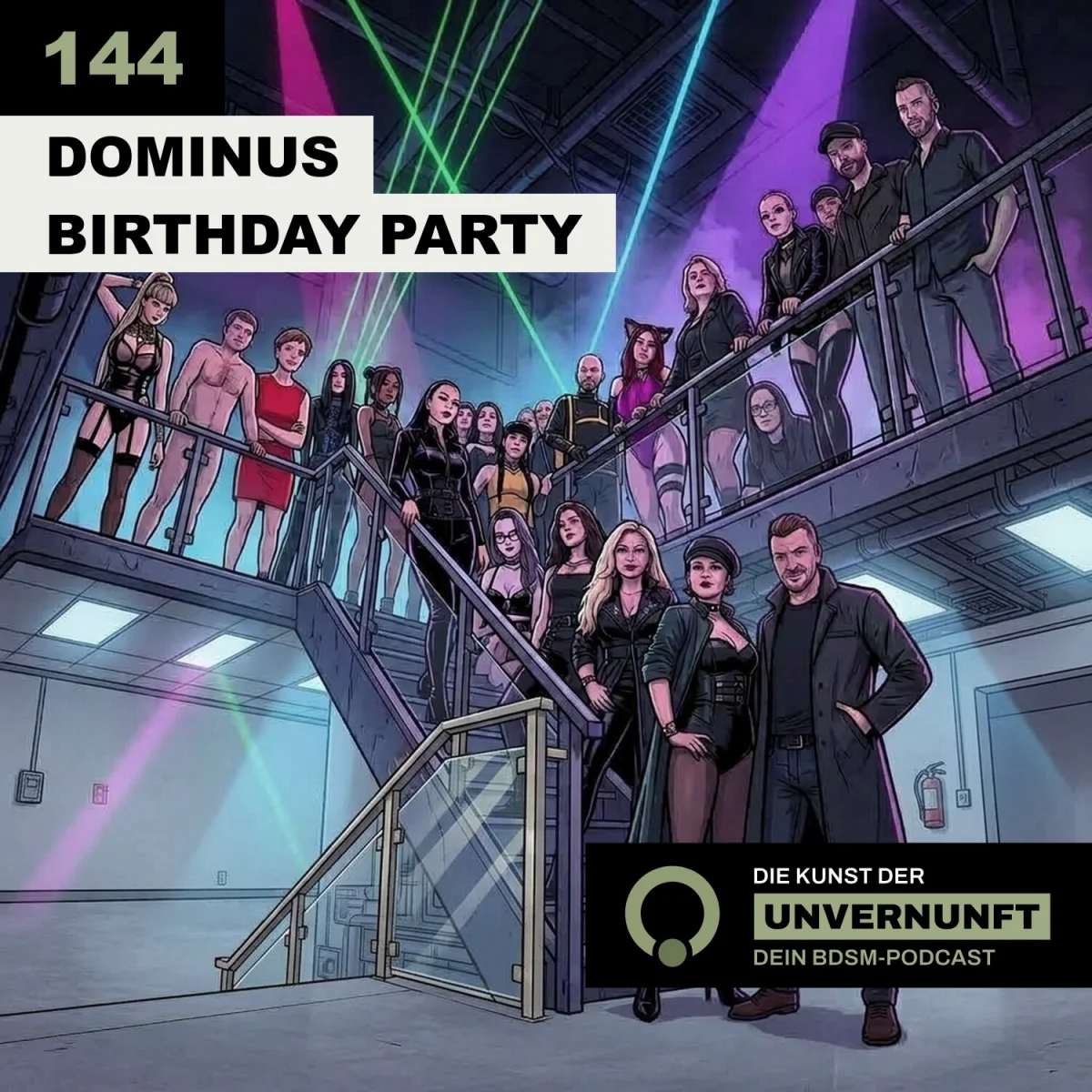 Podcast-Cover mit mehreren Personen auf einer Treppe und dem Titel Dominus Birthday Party.