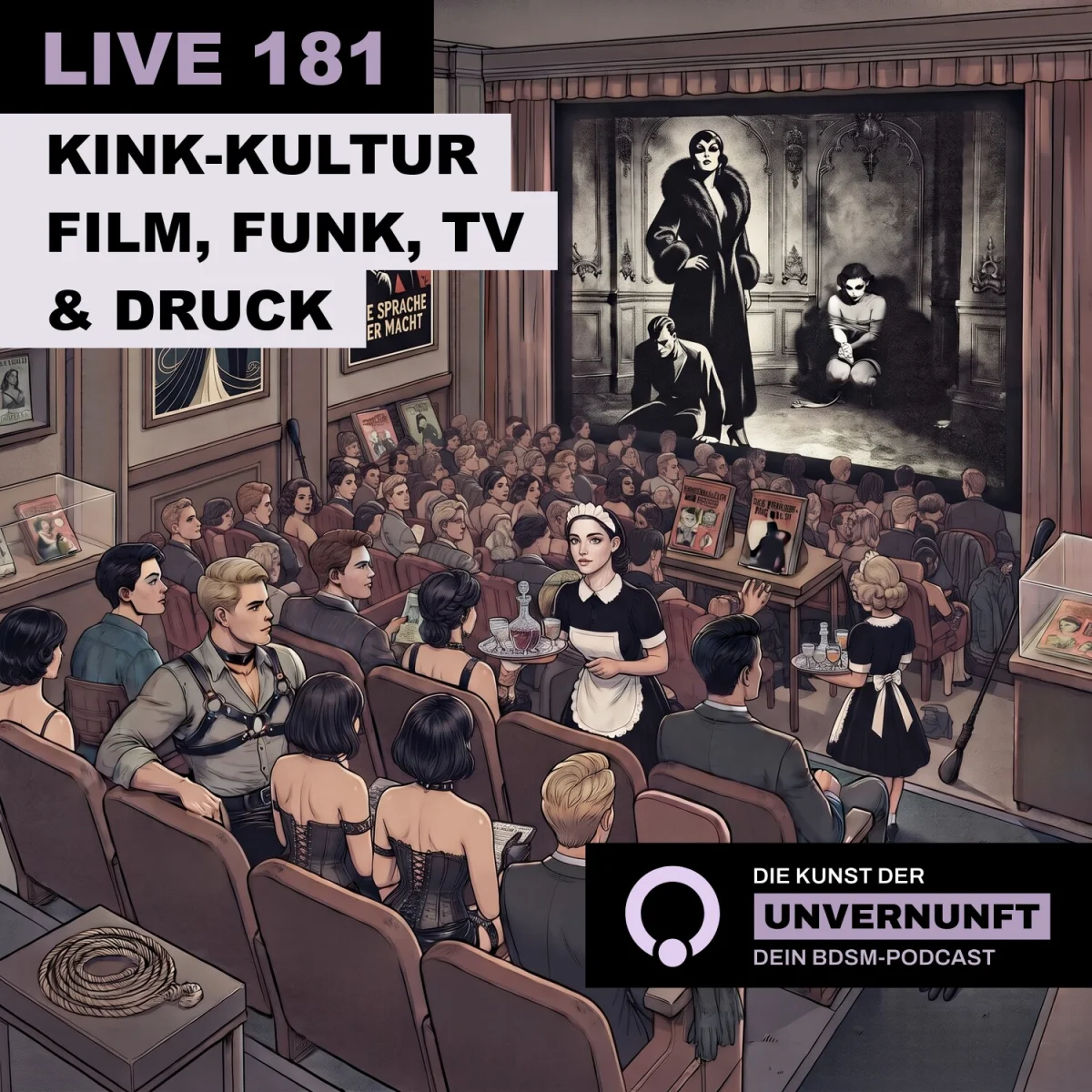 Podcast-Cover Live 181: Illustriertes Kino mit Publikum in Fetisch-Outfits, Zimmermädchen mit Tablett und Leinwand mit Pelzmantel-Szene; Die Kunst der Unvernunft