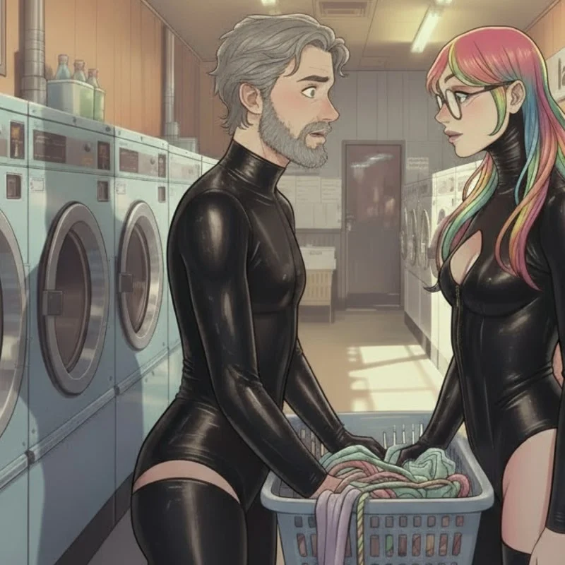 Zwei Personen in schwarzen Latexanzügen stehen sich in einem Waschsalon mit Wäschekorb gegenüber.
