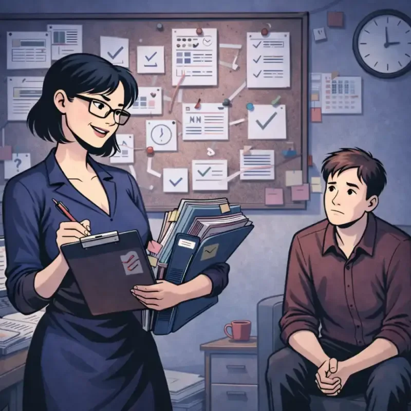 Illustration einer Frau mit Klemmbrett vor einer Pinnwand, gegenüber sitzt ein nachdenklicher Mann.