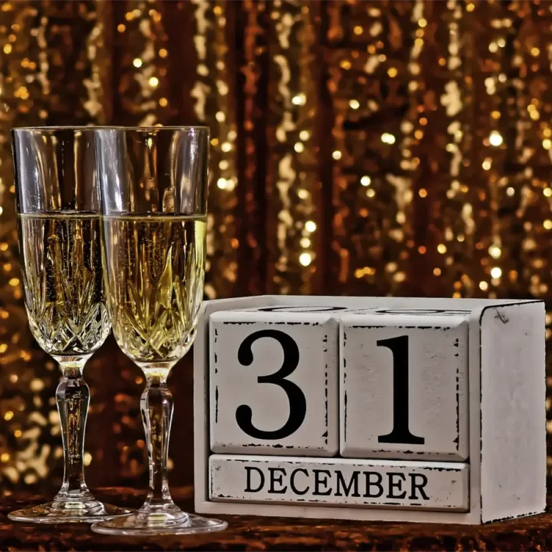 Zwei Sektgläser neben einem Kalenderwürfel mit 31. Dezember vor glitzerndem goldenen Hintergrund