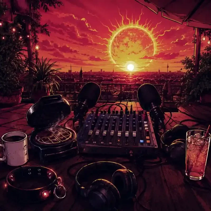 Podcast-Setup mit Mischpult, Mikrofonen, Waffeleisen und Sonnenuntergang über der Stadt