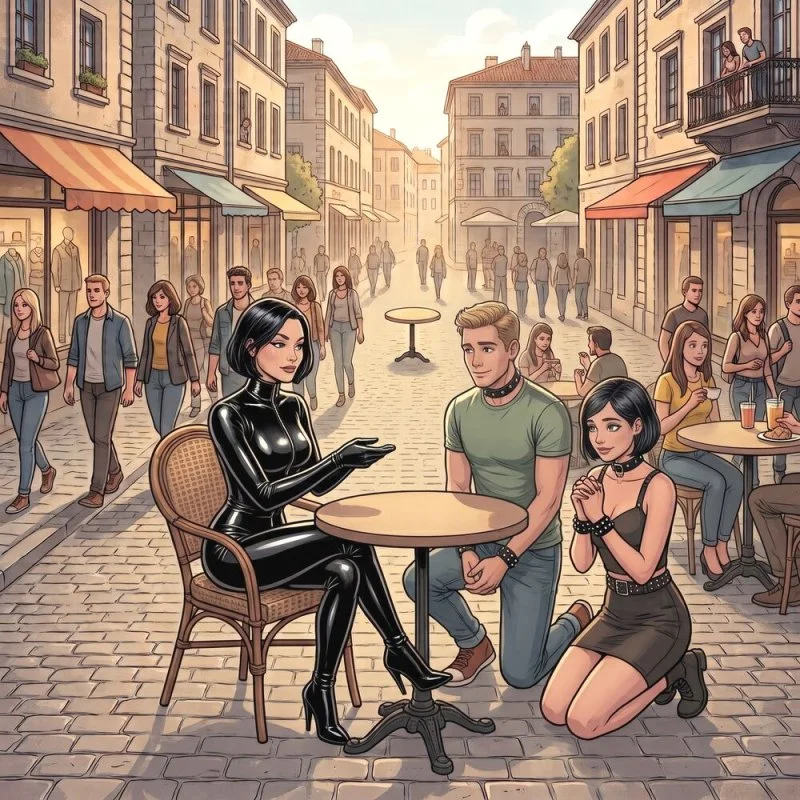 Illustration einer belebten Straßenszene mit drei Personen an einem Café-Tisch, darunter eine Person in Latexkleidung.