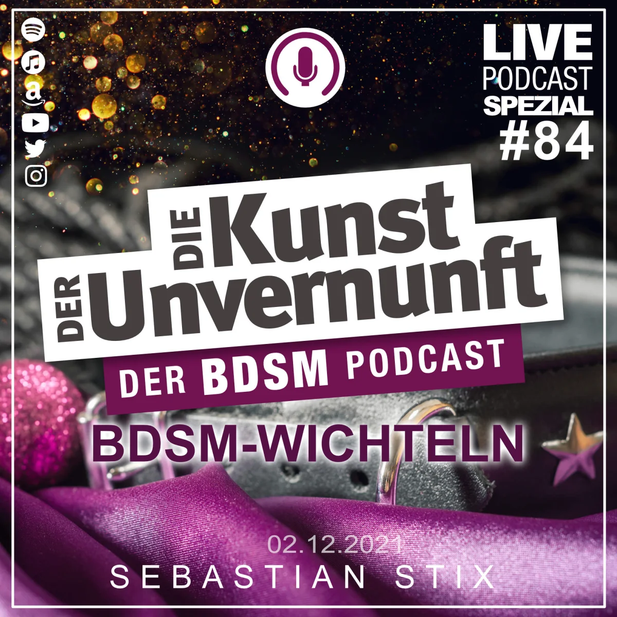 Podcast-Cover mit Weihnachtsdeko, Mikrofon-Logo und dem Titel Die Kunst der Unvernunft – BDSM-Wichteln.