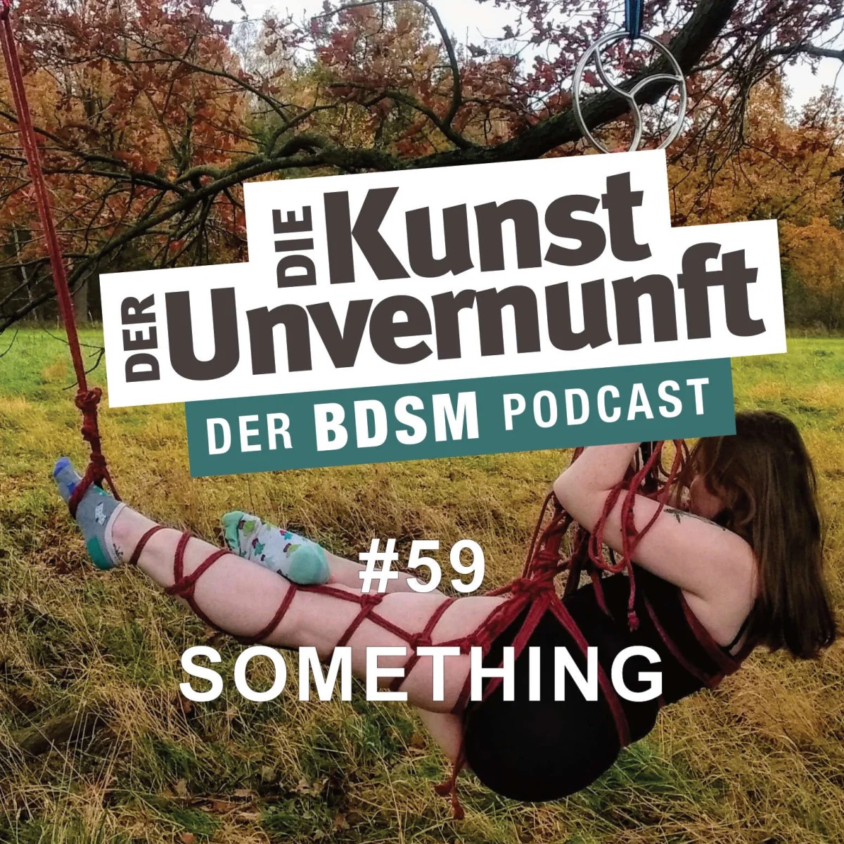 Podcast-Cover mit gefesselter Person in einer Wiese und dem Titel Die Kunst der Unvernunft – Der BDSM Podcast.