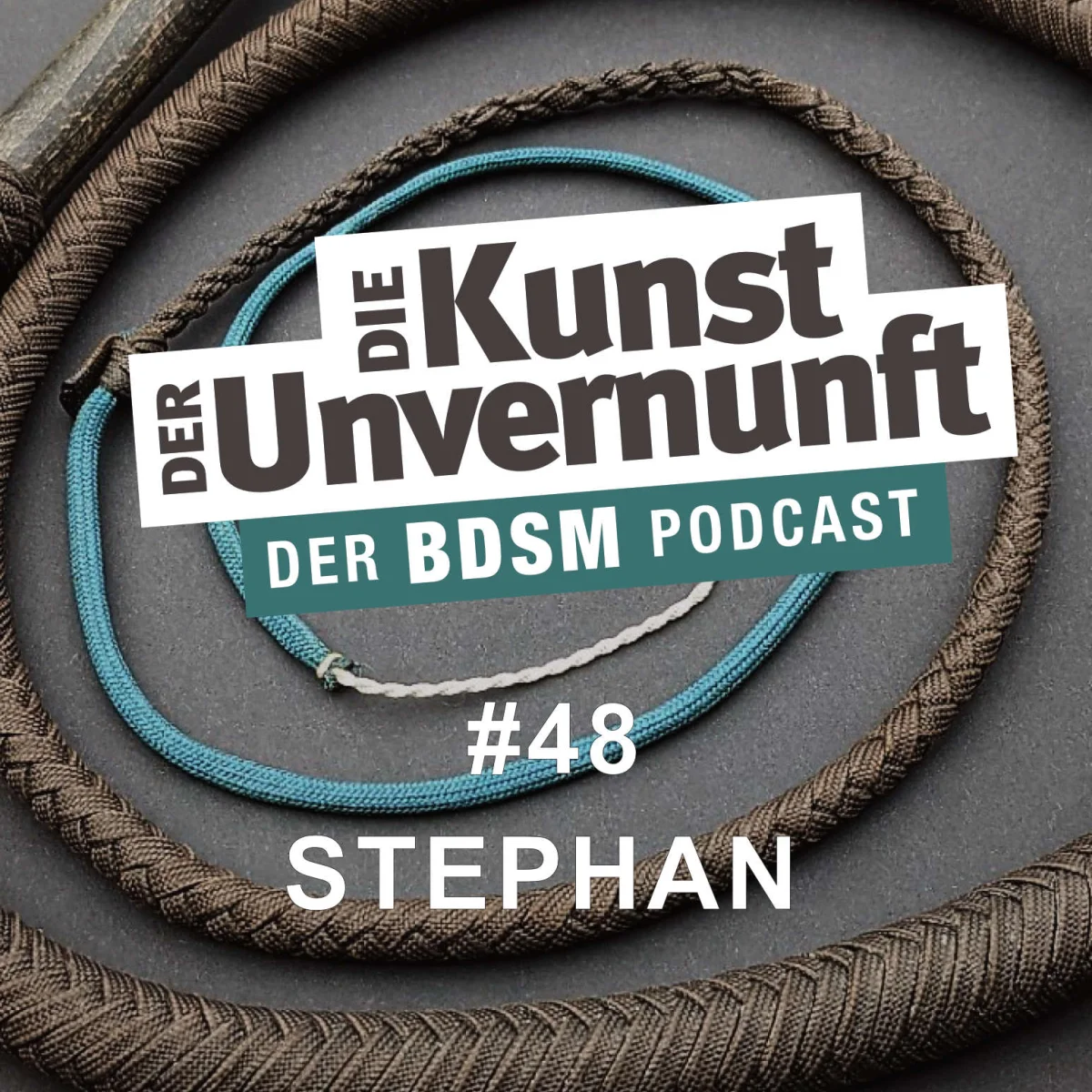 Podcast-Cover mit geflochtenen Peitschen und dem Titel Die Kunst der Unvernunft – Der BDSM Podcast, Folge 48 Stephan