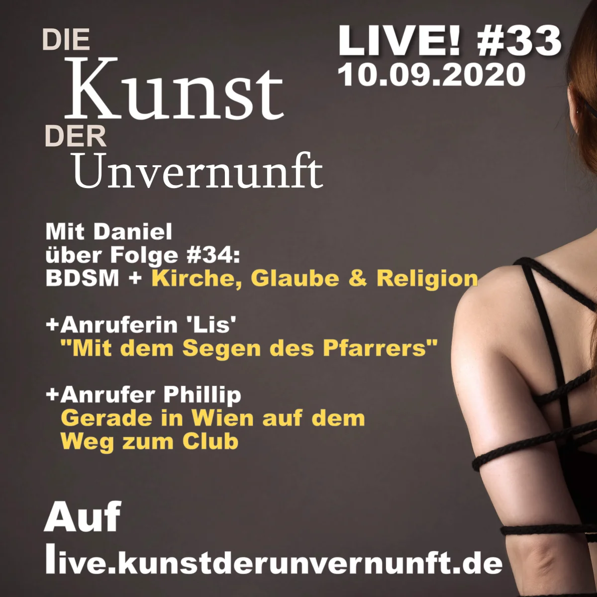 Podcast-Cover mit Text zu Live-Folge 33 über BDSM, Kirche, Glaube und Religion, rechts eine Frau in schwarzer Strapsoptik.