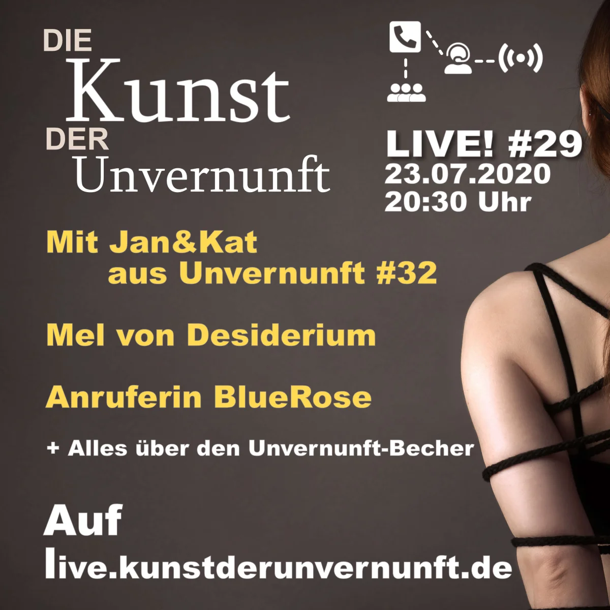 Podcast-Cover mit Text zu „Die Kunst der Unvernunft Live #29“ und einer angeschnittenen Frau im schwarzen Trägeroberteil.