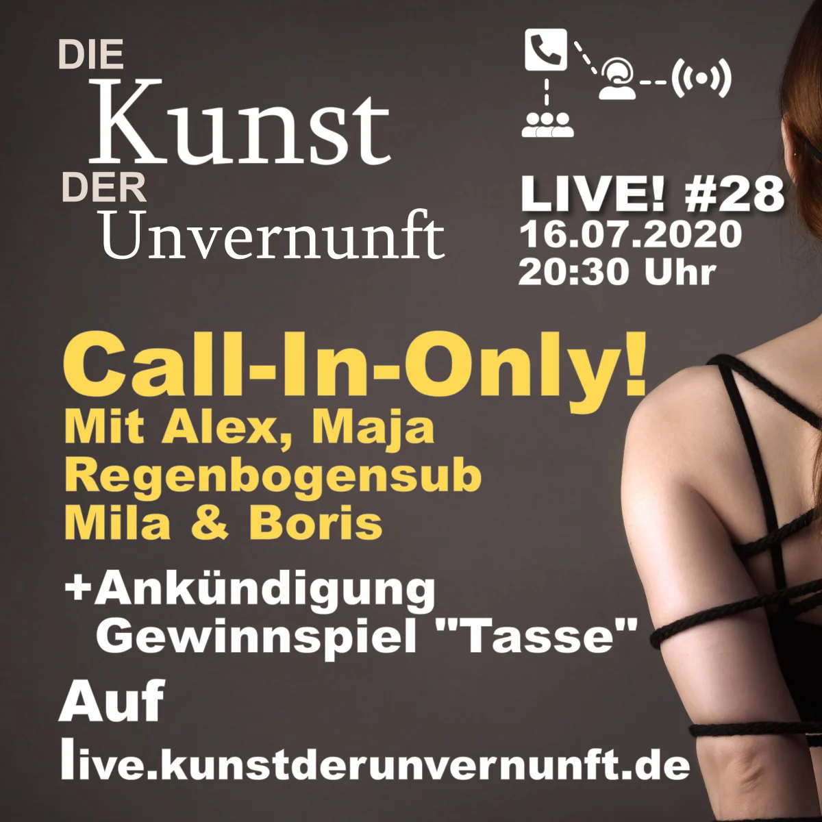 Podcast-Cover mit Text zu Unvernunft LIVE #28, Call-In-Only und einer angeschnittenen Rückenansicht einer Person.