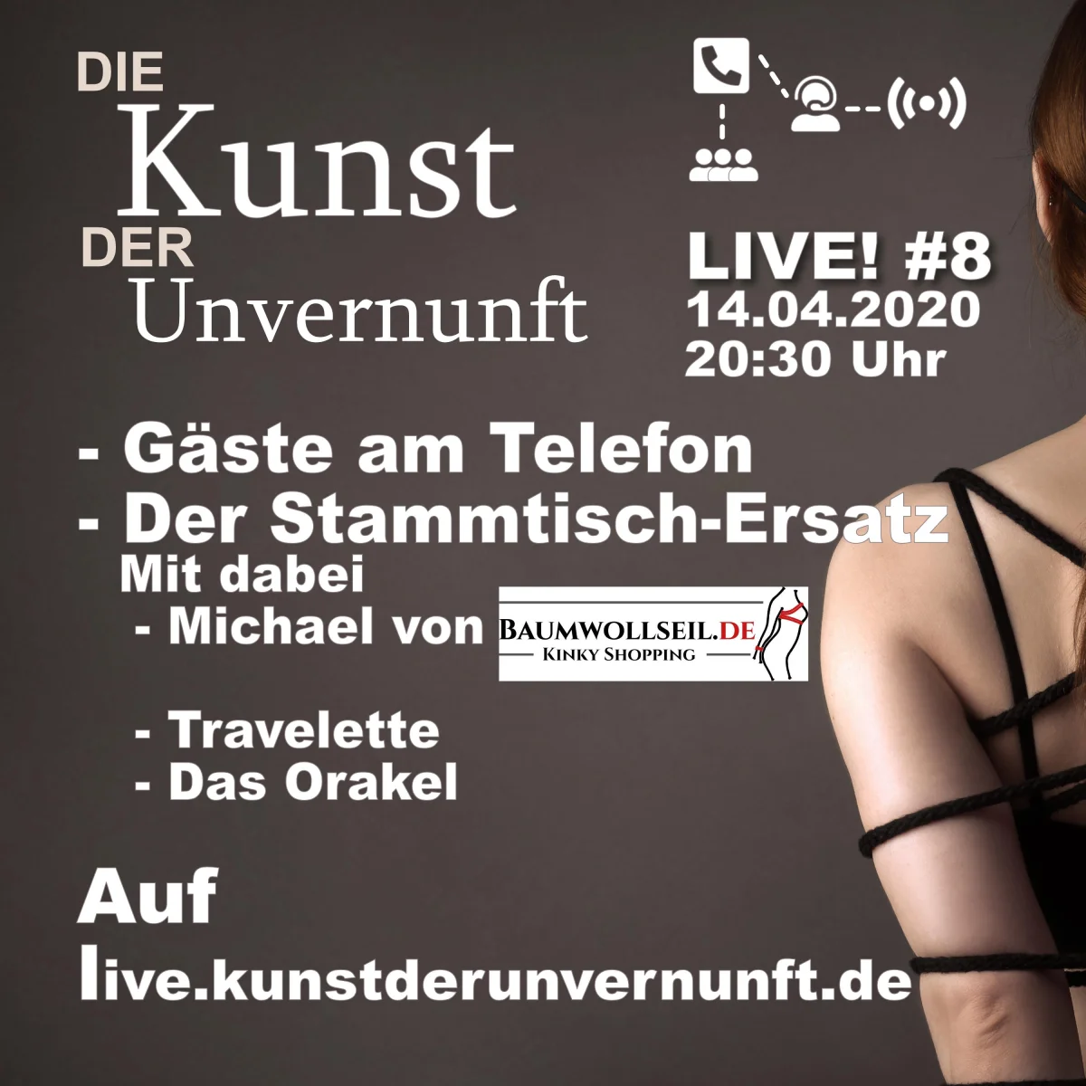 Podcast-Cover mit Text zu Live-Folge, Telefon-Gästen und einer teilweise sichtbaren Frau in Bondage-Strapsen