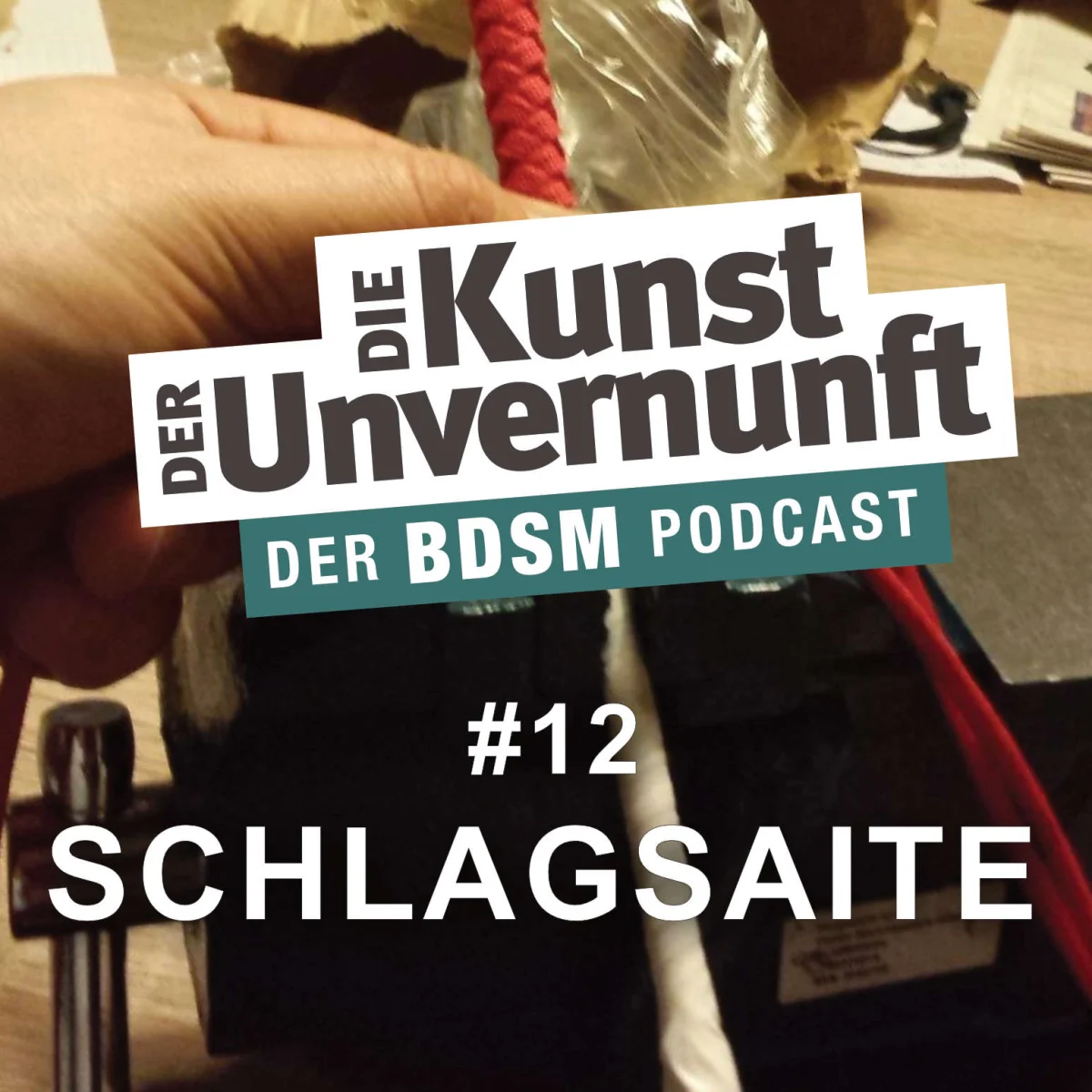 Podcast-Cover mit gefesselter Hand, rotem Seil und dem Titel Der Kunst der Unvernunft – Schlagsaite #12.