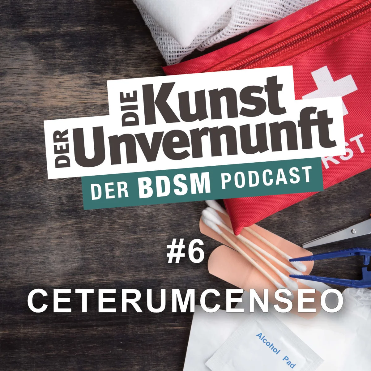 Podcast-Cover mit rotem Erste-Hilfe-Set, Handschuhen, Schere und der Aufschrift Die Kunst der Unvernunft – Der BDSM Podcast #6 Ceterumcenseo