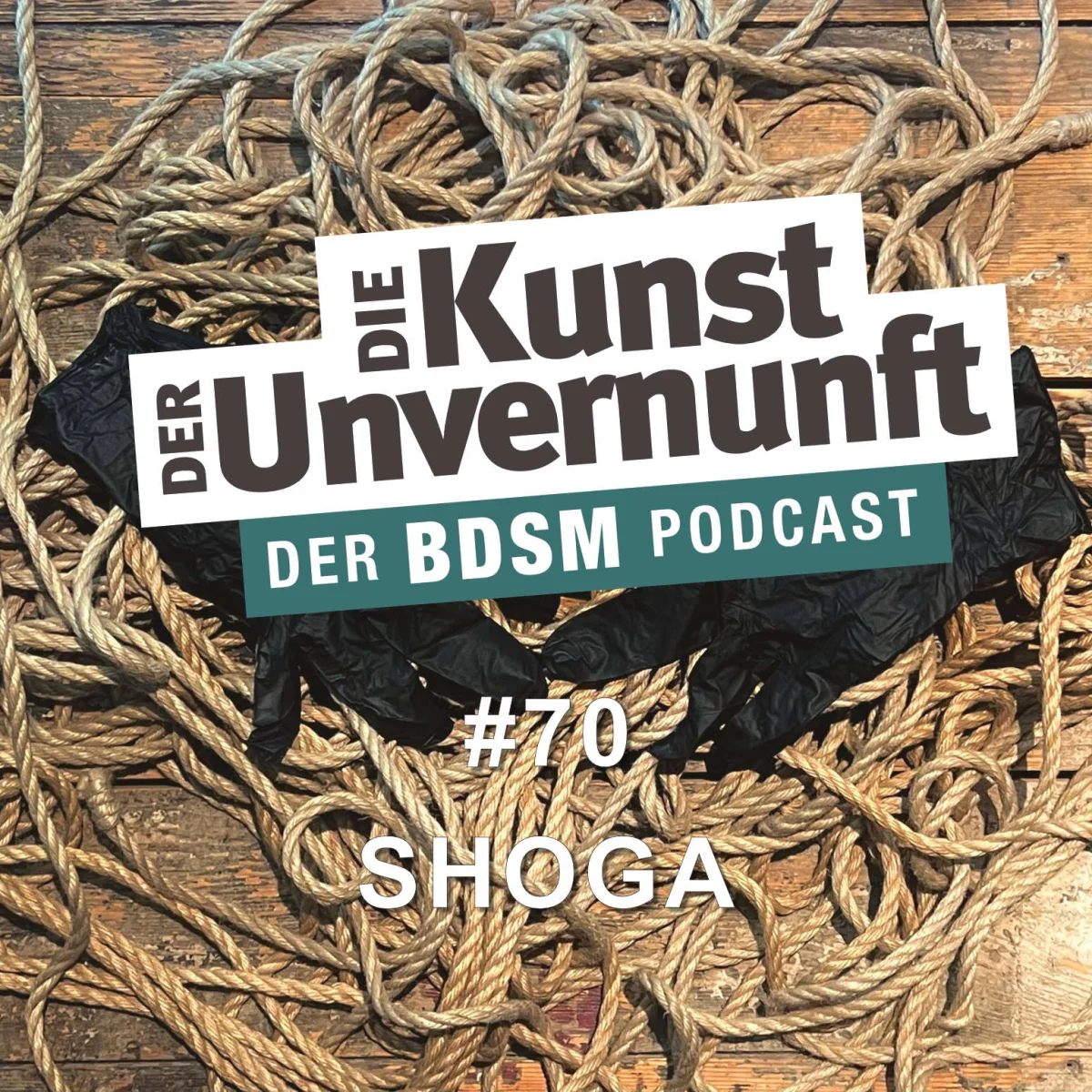 Podcast-Cover mit verhedderten Seilen, schwarzem Tuch und dem Titel Die Kunst der Unvernunft – Shoga #70.
