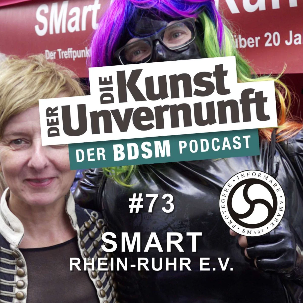 Podcast-Cover mit zwei Personen, BDSM-Logo und dem Titel 30 Jahre SMart Rhein-Ruhr e.V.