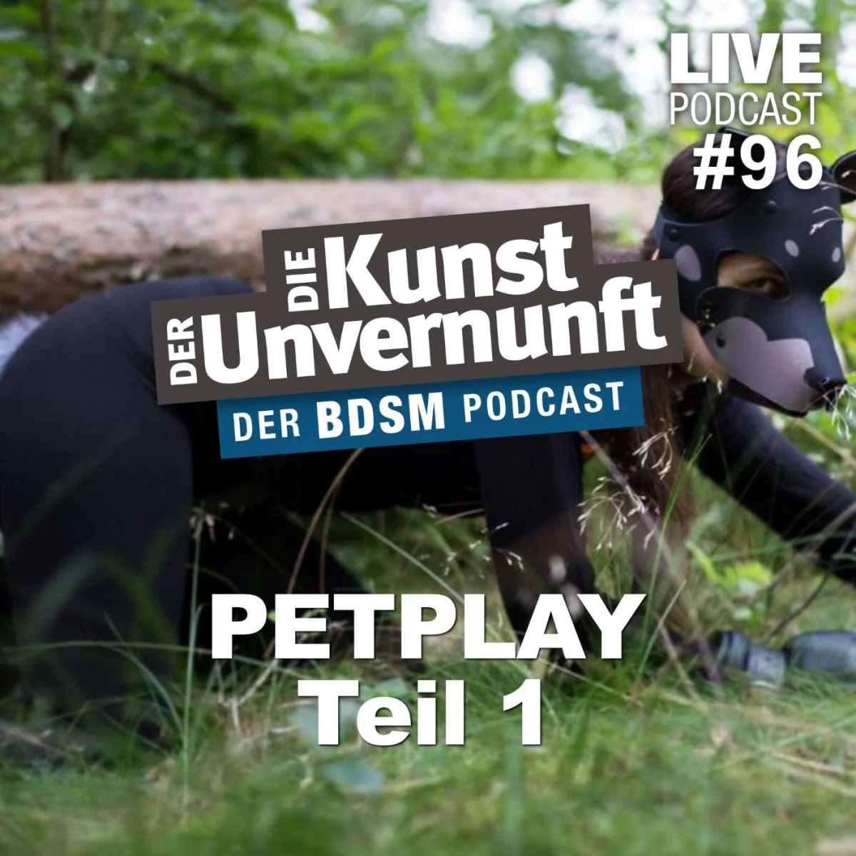 Person in schwarzem Hundemasken-Outfit auf Gras, mit Podcast-Titeltext zu Petplay Teil 1.