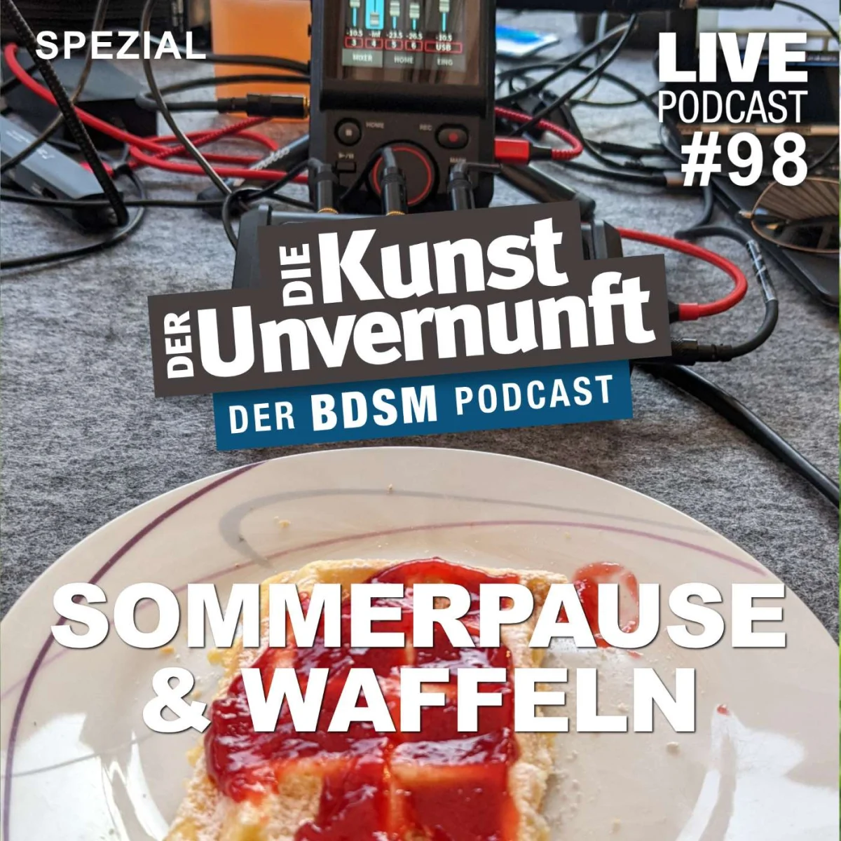 Podcast-Cover mit Waffel auf Teller, Kabeln und der Aufschrift Sommerpause & Waffeln sowie Die Kunst der Unvernunft.