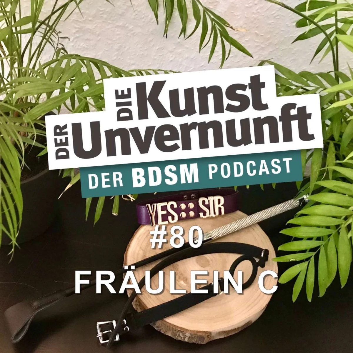 Podcast-Cover mit der Aufschrift Die Kunst der Unvernunft, BDSM-Podcast, Fräulein C und BDSM-Accessoires auf Holzscheibe