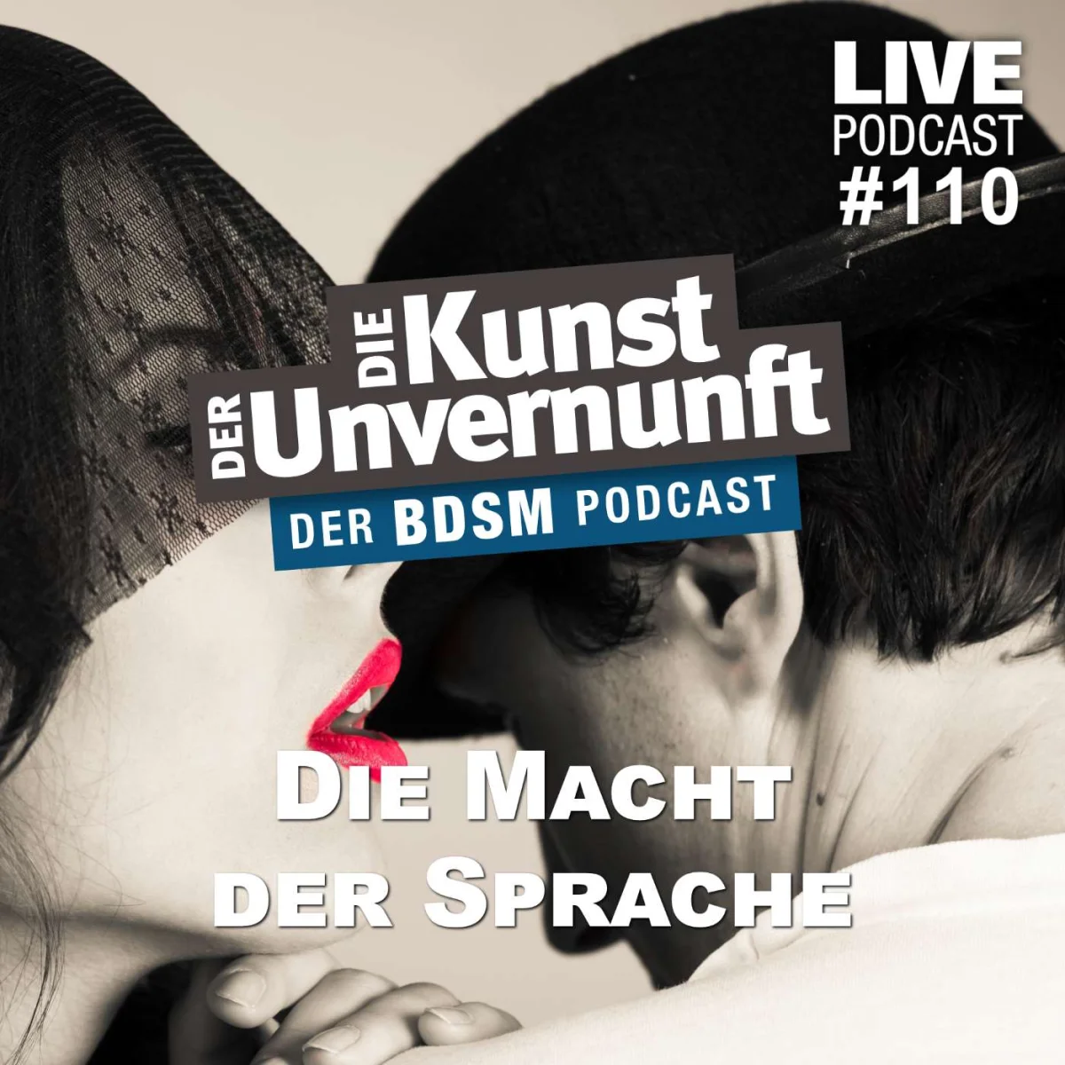Podcast-Cover mit zwei sich küssenden Personen und dem Titel Die Macht der Sprache sowie Live Podcast #110.