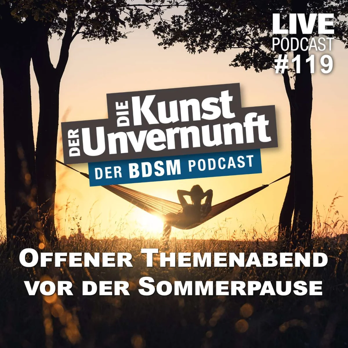 Podcast-Cover mit Person in Hängematte bei Sonnenuntergang und Text zu Die Kunst der Unvernunft, Live #119, offener Themenabend vor der Sommerpause