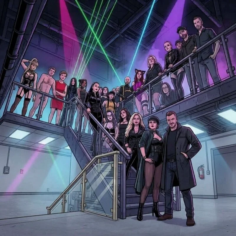 Gruppe von Personen auf einer Treppe in einer Halle mit farbigen Laserlichtern und Clubatmosphäre