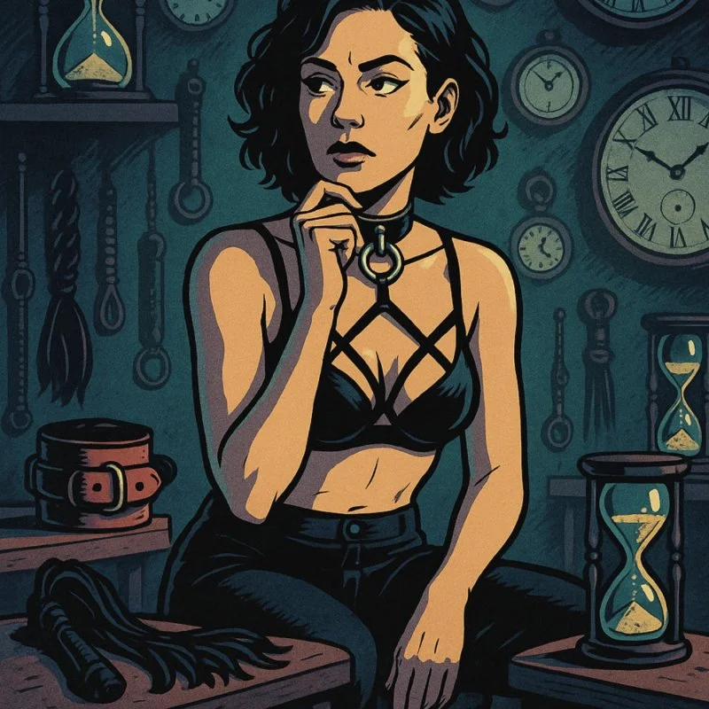 Illustration einer Frau in schwarzer Dessous mit Halsring, umgeben von Uhren und Sanduhren.
