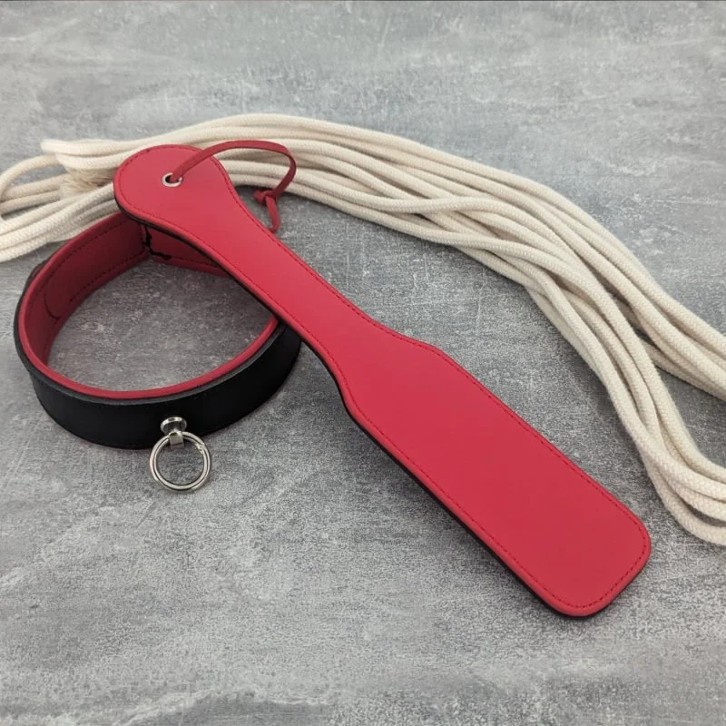 Rote Leder-Paddel und schwarzes Halsband auf grauem Untergrund mit Seil im Hintergrund