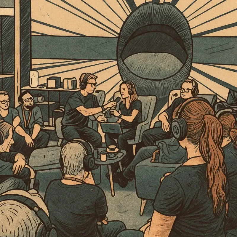 Podcast-Liveaufnahme mit mehreren Personen in einem Raum, Mikrofon und Kopfhörern vor großem Lautsprecherhintergrund.