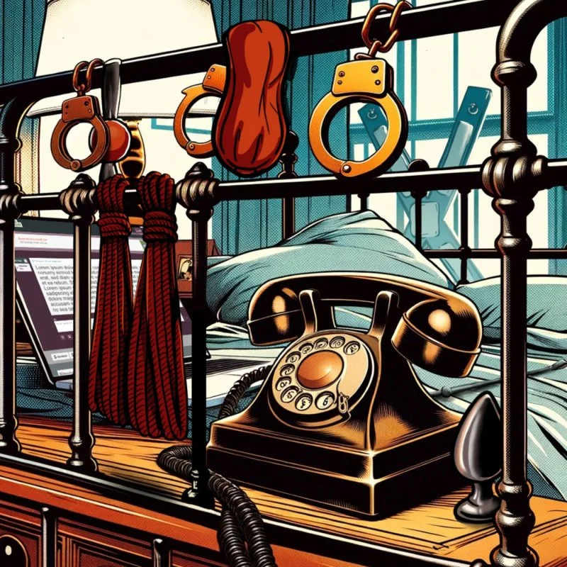 Vintage-Telefon und BDSM-Fesseln auf einem Bett, stilisierte Podcast-Cover-Illustration