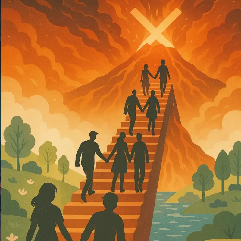 Silhouetten von Menschen steigen gemeinsam eine Treppe zum Gipfel in einer orangefarbenen Landschaft hinauf.