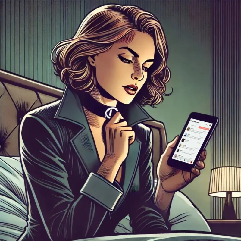 Illustration einer Frau im Anzug, die auf ihr Smartphone schaut und eine Nachricht liest.