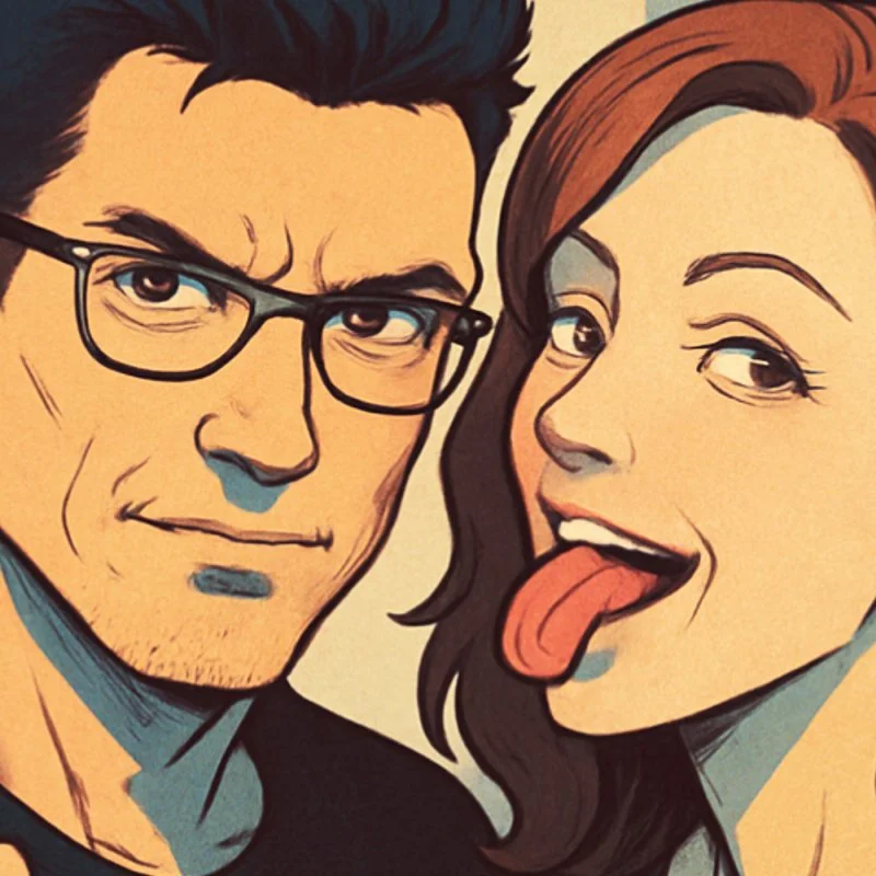 Illustration eines Mannes mit Brille und einer Frau mit herausgestreckter Zunge im Comicstil