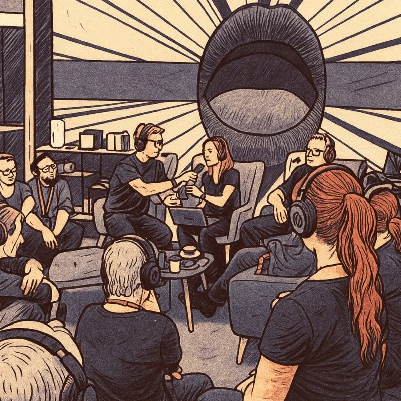 Podcast-Liveaufnahme mit mehreren Personen in Kopfhörern und Mikrofon in einer gemütlichen Gesprächsrunde.