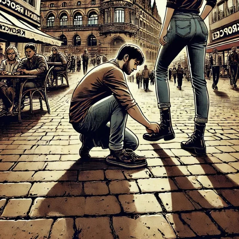 Mann kniet auf einem Platz und schnürt einer stehenden Frau den Stiefel, im Hintergrund sitzen Passanten.
