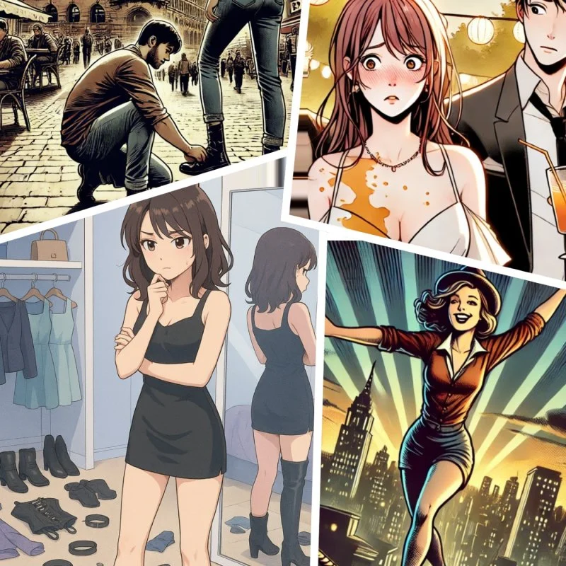 Collage aus Comic- und Animefiguren in verschiedenen Alltagsszenen und Posen.