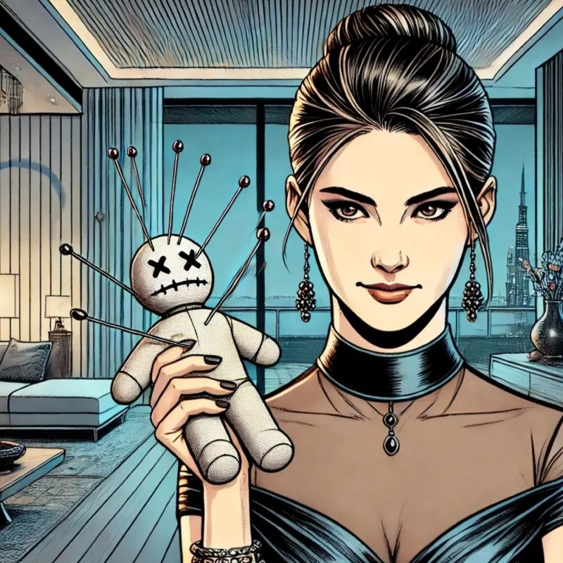 Illustration einer Frau mit Nadelpuppe in einem modernen Raum