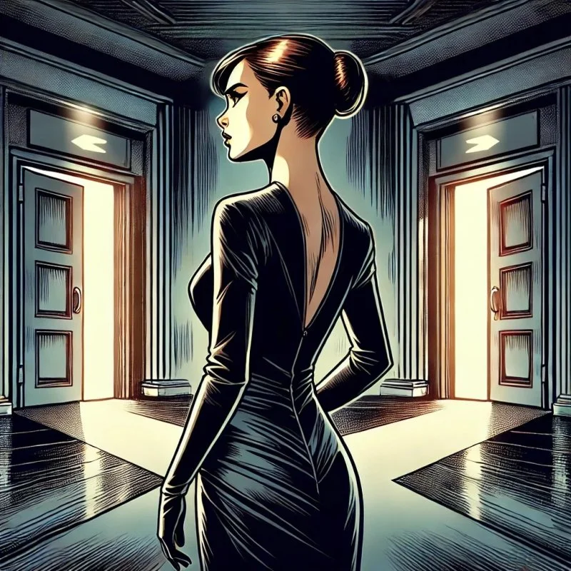 Elegante Frau im schwarzen Kleid steht zwischen zwei beleuchteten Türen in einem stilisierten Raum.