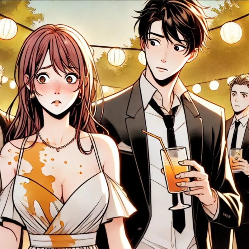 Anime-Illustration eines verlegenen Paares auf einer Party mit Lichterketten und Getränken