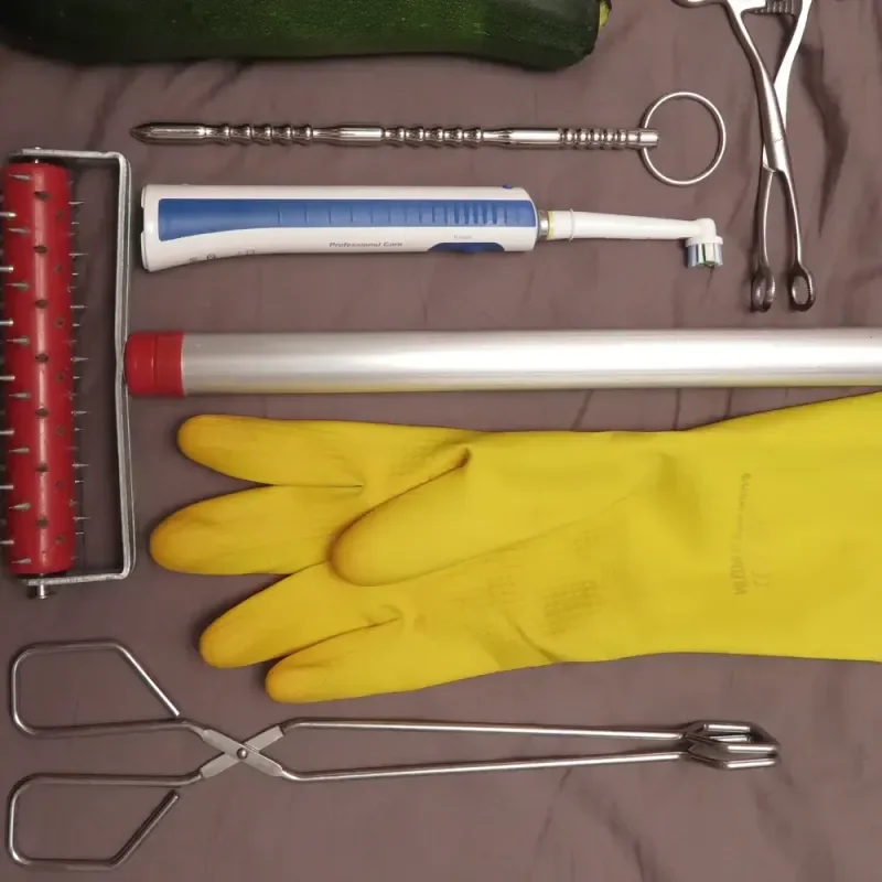 Alltagsgegenstände und Küchenutensilien wie Handschuh, Gurke, Bürste und Metallzangen auf Stoff ausgelegt