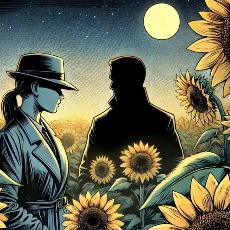 Illustration einer Frau im Hut und eines Mannes als Silhouette in einem Sonnenblumenfeld bei Nacht.