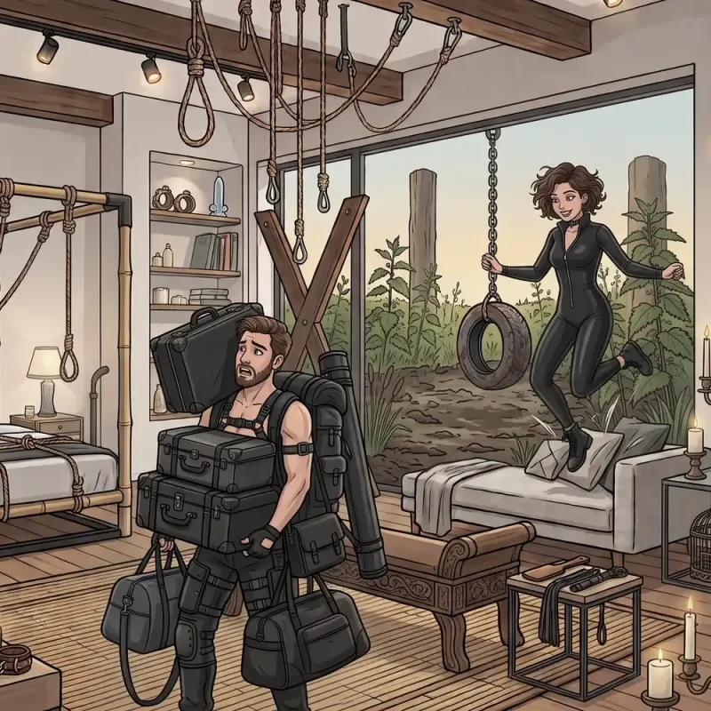 Illustration eines Mannes mit Gepäck und einer Frau auf einem Reifen in einem stilisierten Schlafzimmer mit BDSM-Elementen