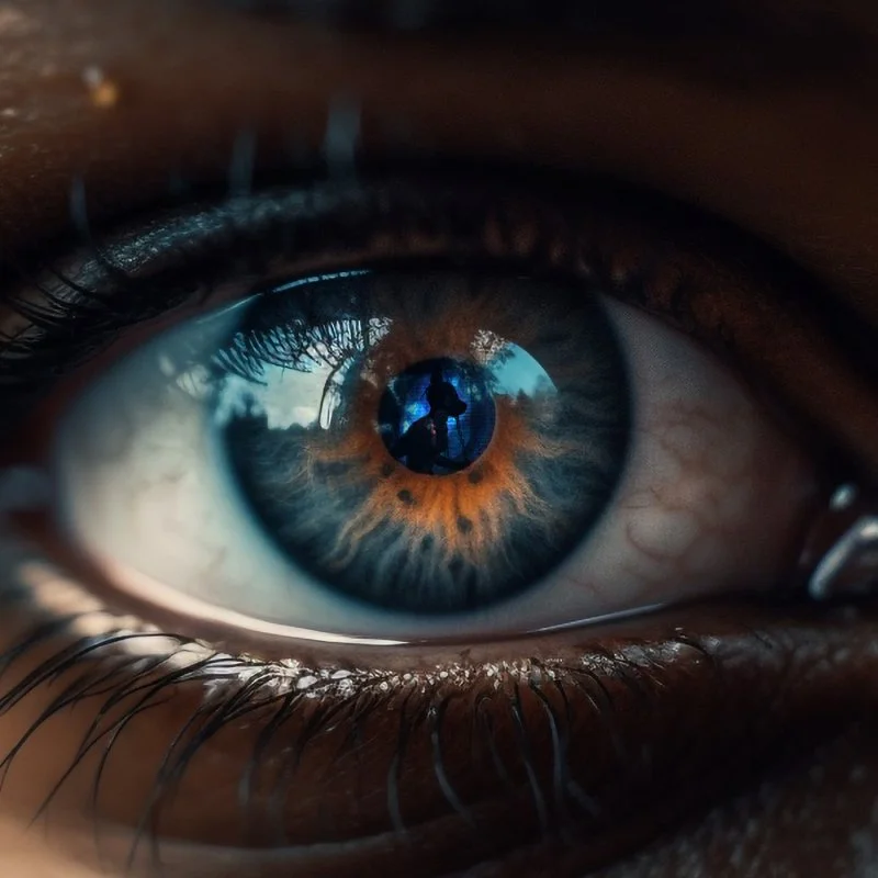 Nahaufnahme eines menschlichen Auges mit blau-brauner Iris und Spiegelung einer Person im Zentrum.
