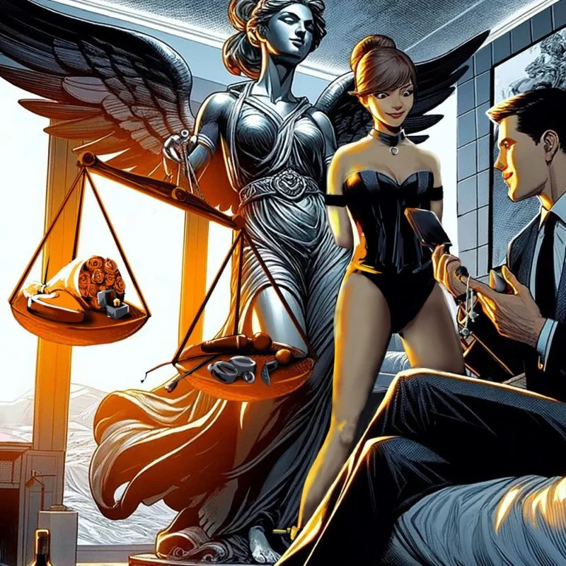 Illustration einer Justitia mit Waage neben einer Frau und einem sitzenden Mann in einem modernen Raum