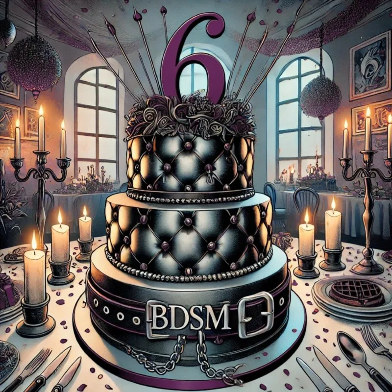 Schwarze Torte mit der Zahl 6 und BDSM-Schriftzug, umgeben von Kerzen in einem festlich dekorierten Raum.