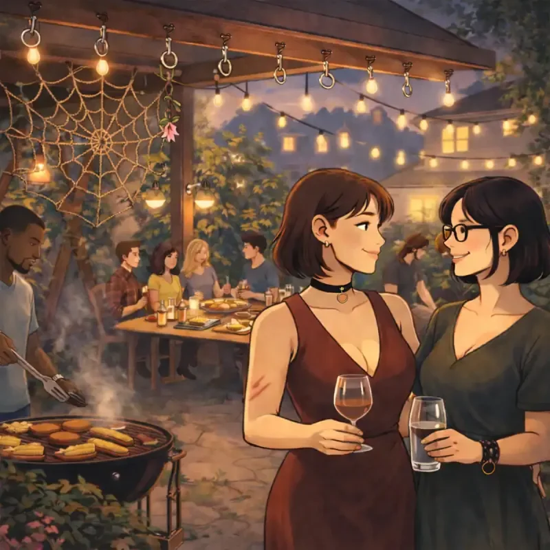 Stimmungsvolle Gartenparty mit zwei Frauen im Gespräch, Lichterketten, Grill und Gästen im Hintergrund.